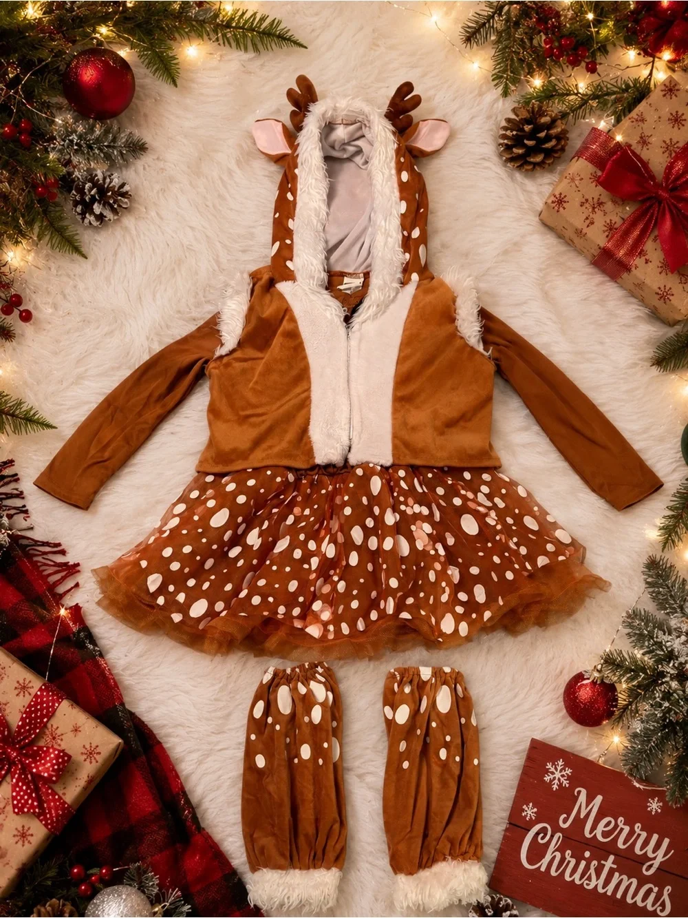 🦌Kids Brown Reindeer Costume Dress with Hood and Leg Warmers🦌